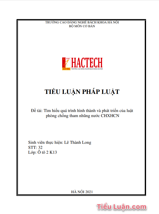 Tiểu luận Tìm hiểu quá trình hình thành và phát triển của luật phòng chống tham nhũng nước CHXHCN